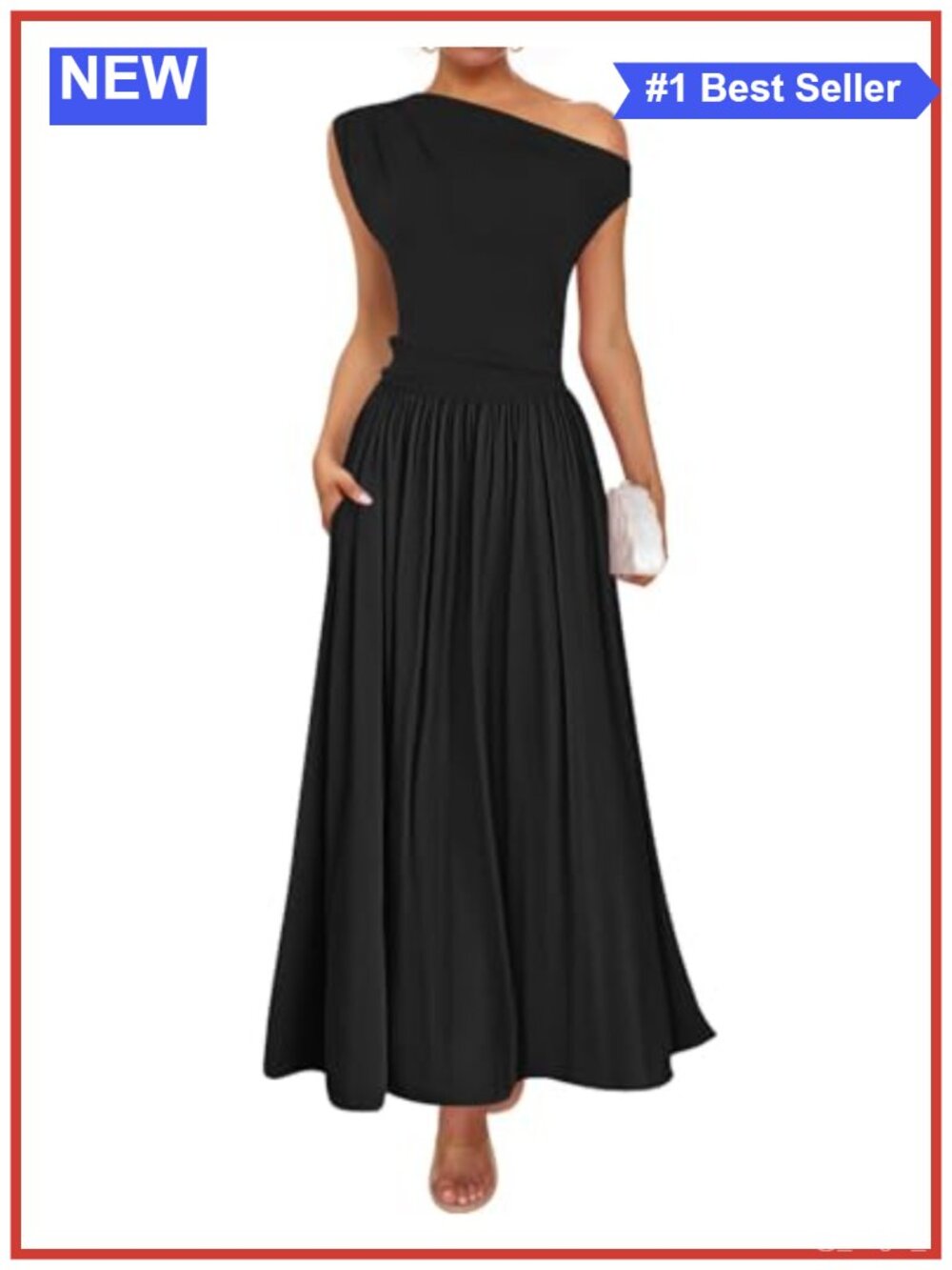One Shoulder Sleeveless Maxi Dress with Pockets, A-Line Formal Party Midi Dress